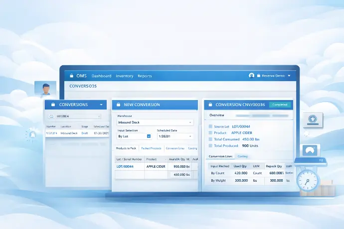 produce ERP conversion workflow interface showing repacking by count and weight