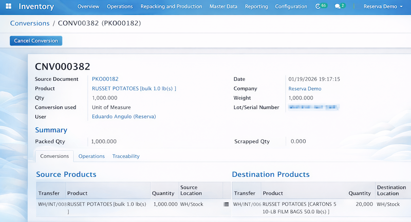 Produce ERP conversion traceability