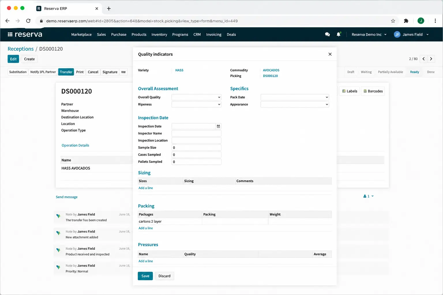 Supplier collaboration quality assessment workflow in Reserva ERP