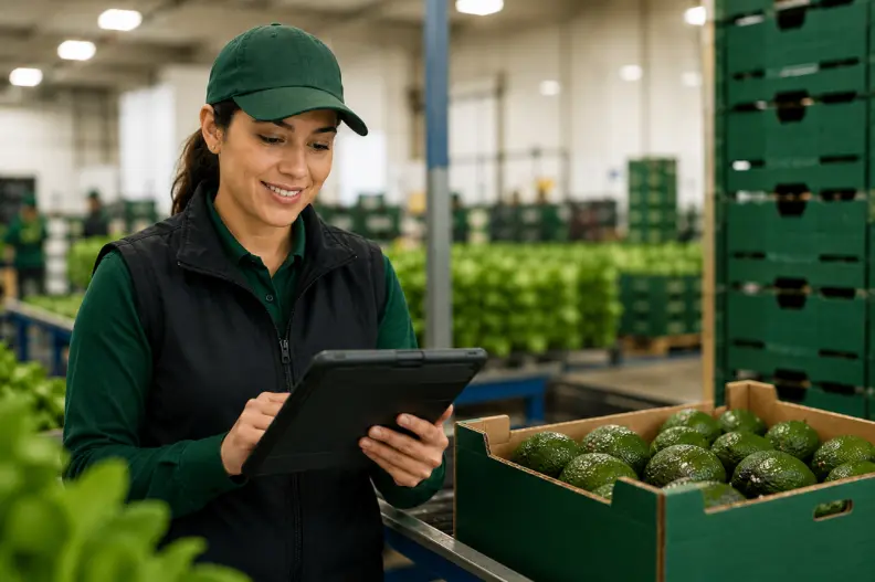 Produce quality inspector using a tablet beside fresh avocado inventory